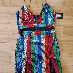 Multi Strappy Plunge Extreme Split Sequin Bodycon